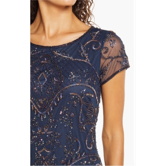 NWT Pisarro Nights Beaded Mesh Midi Cocktail Dress in Navy - Picture 5 of 16